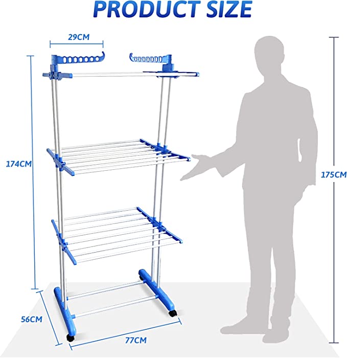 Full Size Heavy Duty Double Pole 3 Layer Cloth Drying Stand, Laundry Rack Stand, Sky Touch Carbon Steel, Blue