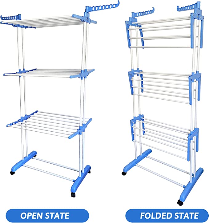 Full Size Heavy Duty Double Pole 3 Layer Cloth Drying Stand, Laundry Rack Stand, Sky Touch Carbon Steel, Blue