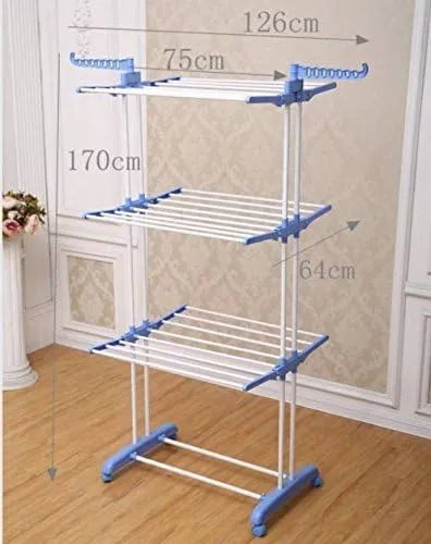 Full Size Heavy Duty Double Pole 3 Layer Cloth Drying Stand, Laundry Rack Stand, Sky Touch Carbon Steel, Blue