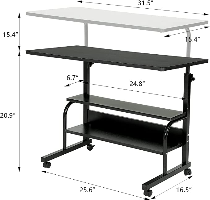 Laptop Table Extra rack Adjustable Height Big Size with Wheels Side Desk 60x40 cm