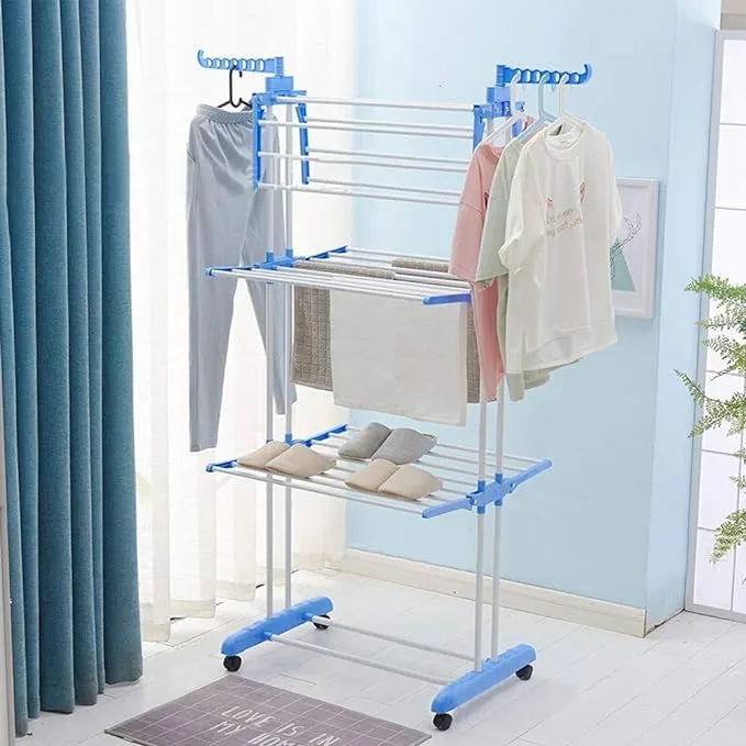 Full Size Heavy Duty Double Pole 3 Layer Cloth Drying Stand, Laundry Rack Stand, Sky Touch Carbon Steel, Blue