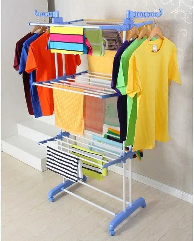 Full Size Heavy Duty Double Pole 3 Layer Cloth Drying Stand, Laundry Rack Stand, Sky Touch Carbon Steel, Blue