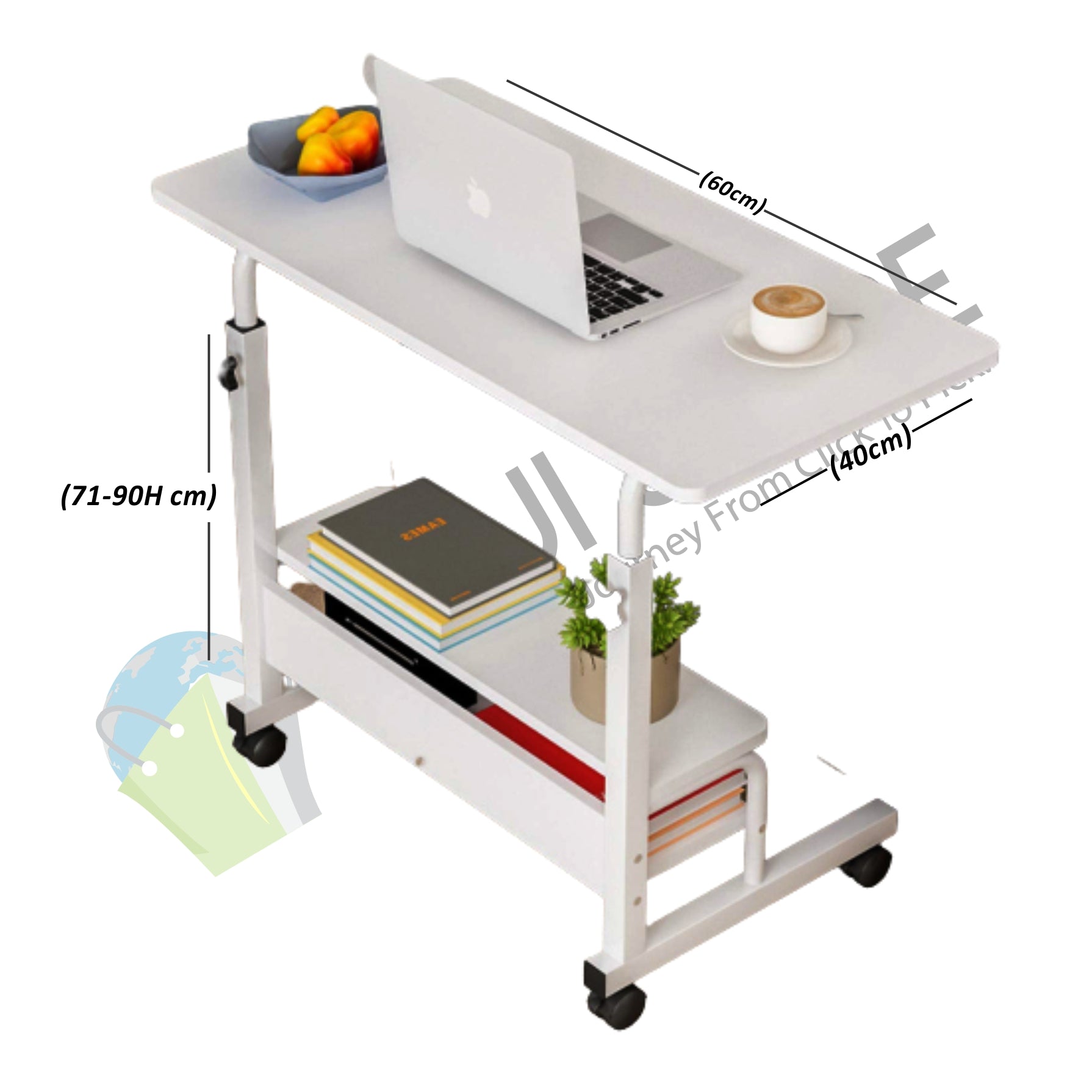 Laptop Table Extra rack Adjustable Height Big Size with Wheels Side Desk 60x40 cm